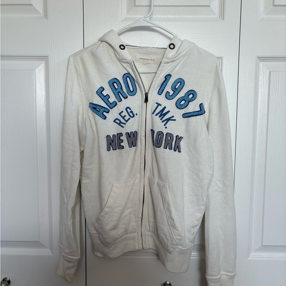 Aeropostale White Hoodie with Blue and Gray Accents